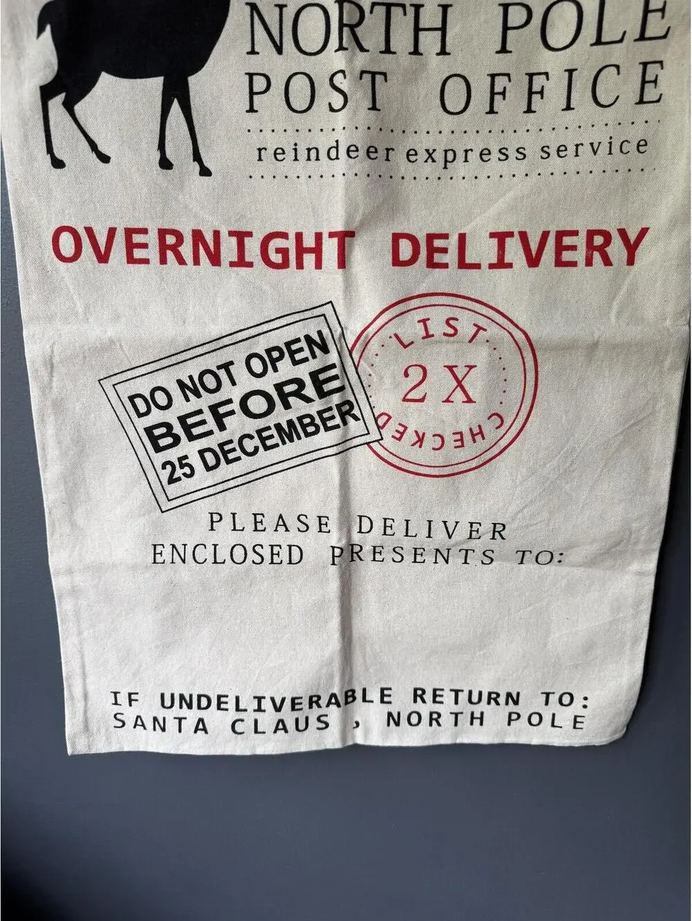 North Pole Post Office Canvas Gift Sack with Reindeer Print